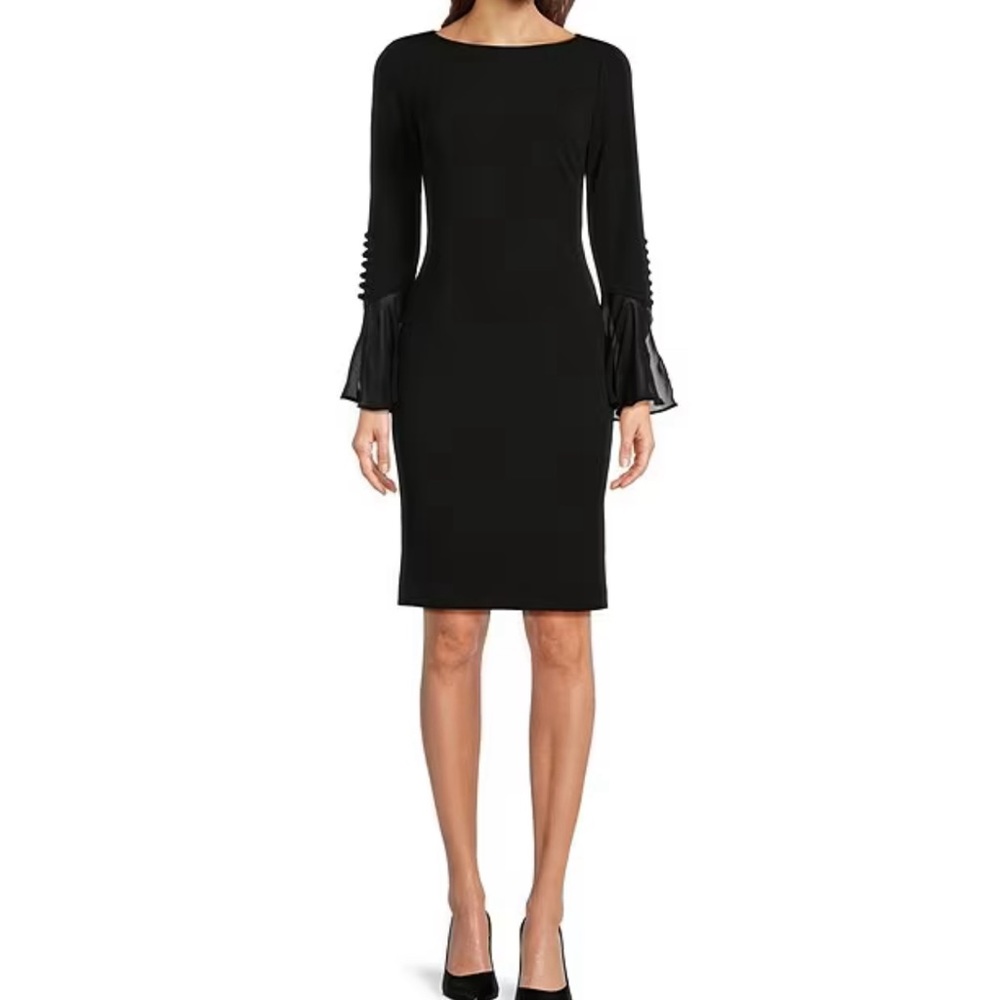 NWT Calvin Klein Chiffon Long Bell Sleeve Scuba Crepe Pencil Dress - size 8